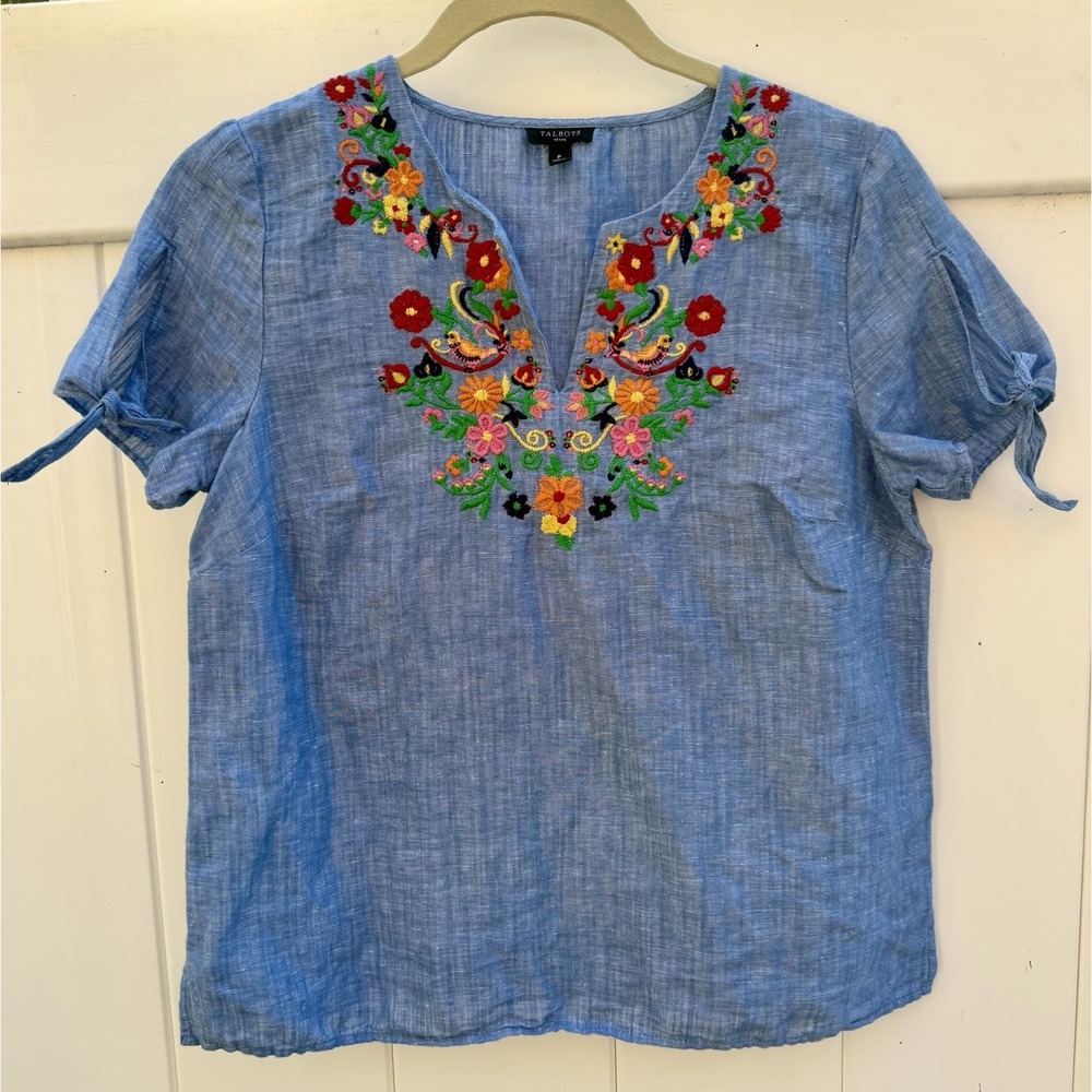 Talbots Top PETITE Small Blue Floral Embroidered Linen Blend Boho Short Sleeves - Picture 2 of 10